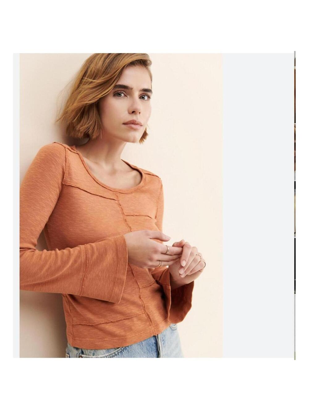 Pilcro Anthropologie Bell Sleeve Top Womens L Rust Orange Boho Seamed Blouse
